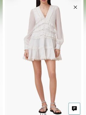 AllSaints White Ruffle Lace V-Neck Mini Dress